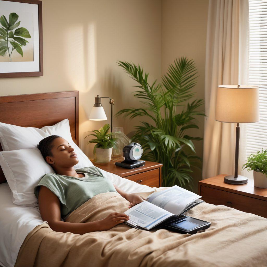 A serene bedroom scene with a patient comfortably using a CPAP machine while reading an informative brochure on patient support options. The room is softly lit, with a bedside table displaying a claims form and a laptop showing coverage details, surrounded by soothing elements like plants and a glass of water. The atmosphere conveys comfort and security, inviting readers to explore their options. super-realistic. calming colors. 3D.